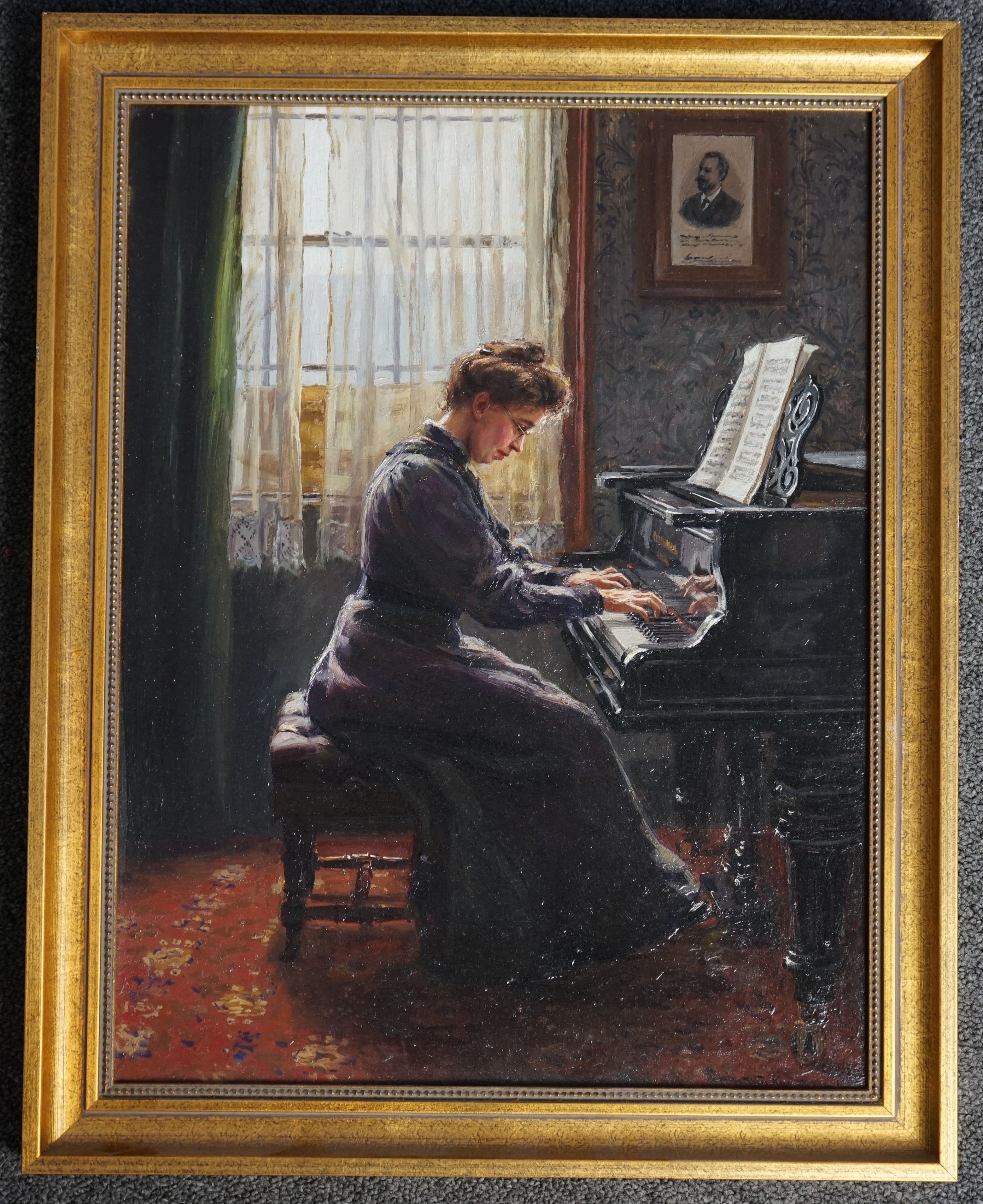 William Lucas (English, 1867-1951), Woman playing the grand piano, oil on board, 41 x 31.5cm